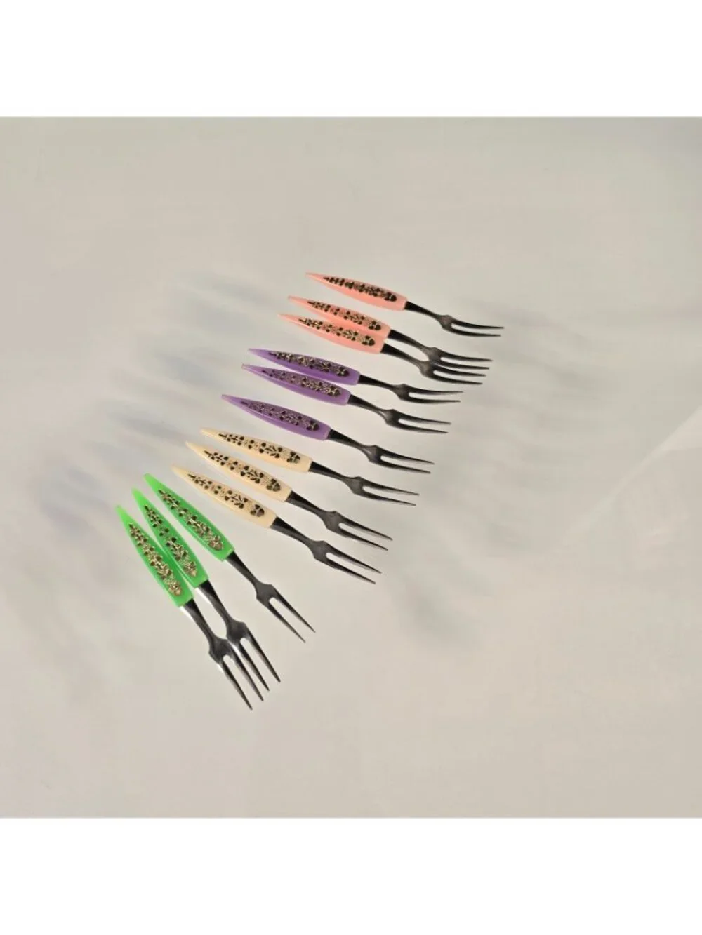 Vintage 12 Cocktail Hors D'oeuvres Forks Multicolor Stainless Steel MCM Japan